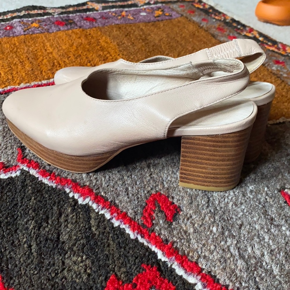 Intentionally Blank Stacked Wood Platform Heels in Shell Pink